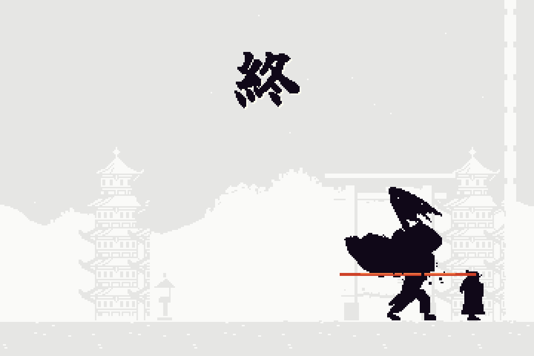 Black and white finale: the Master and the General as black silhouettes on a white page, a red cut line and the kanji for end
