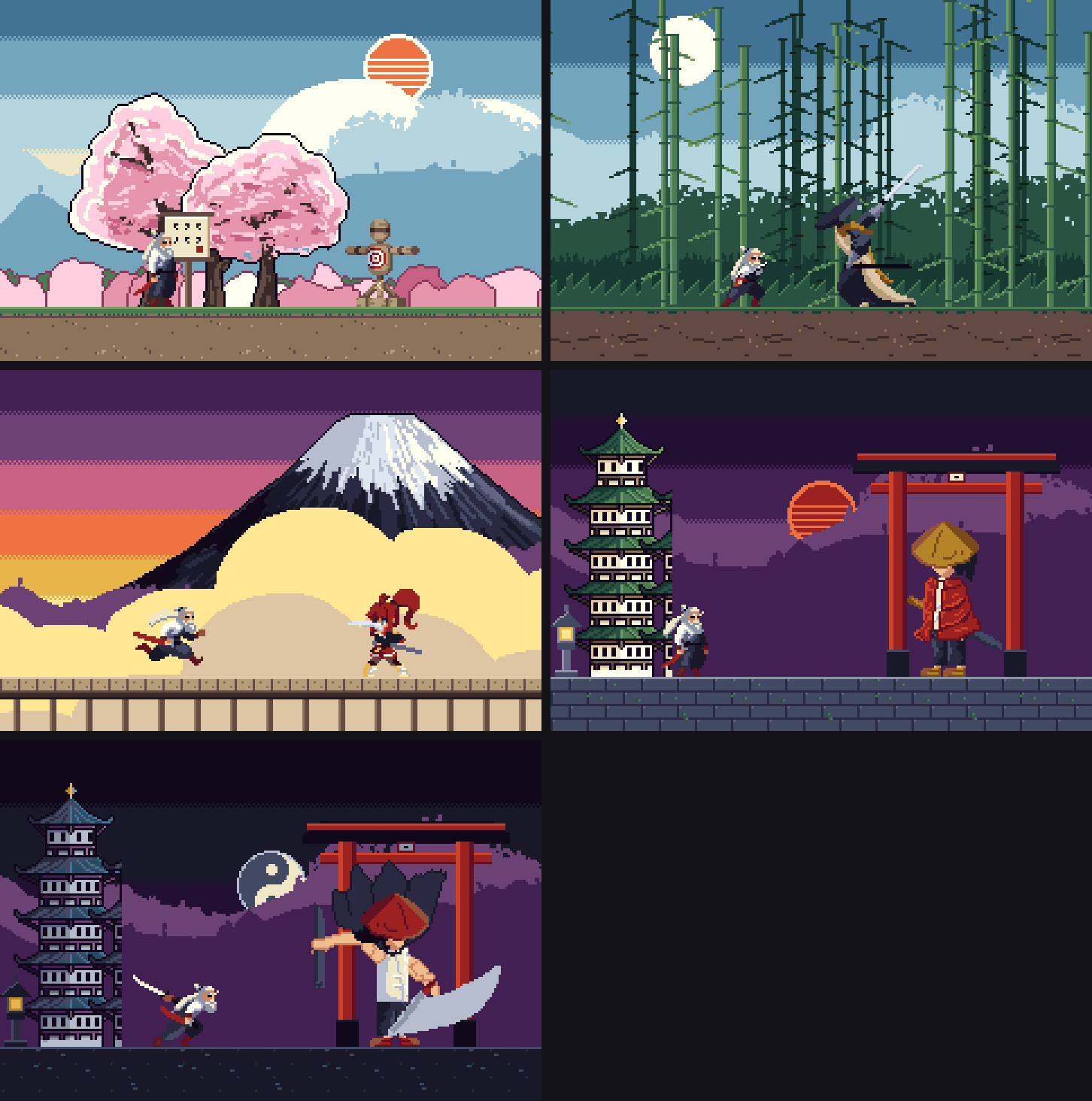 Five 240x160 scenes: sakura dawn, bamboo noon, Fuji bridge at sunset, temple dusk, temple night